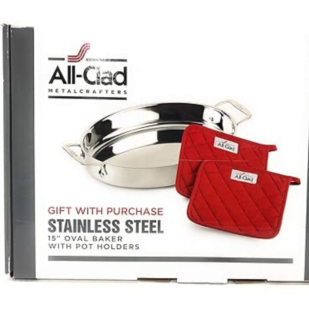 All-Clad Stainless Steel 15" Oval Baker with Pot Holders NWT - Picture 2 of 6